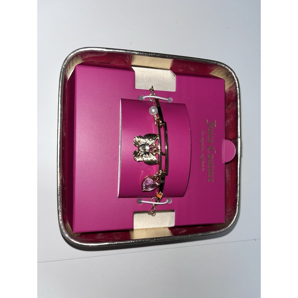 Juicy Couture Gold Tone Charm Bracelet Heart Pearl Pink Stone NWT Box